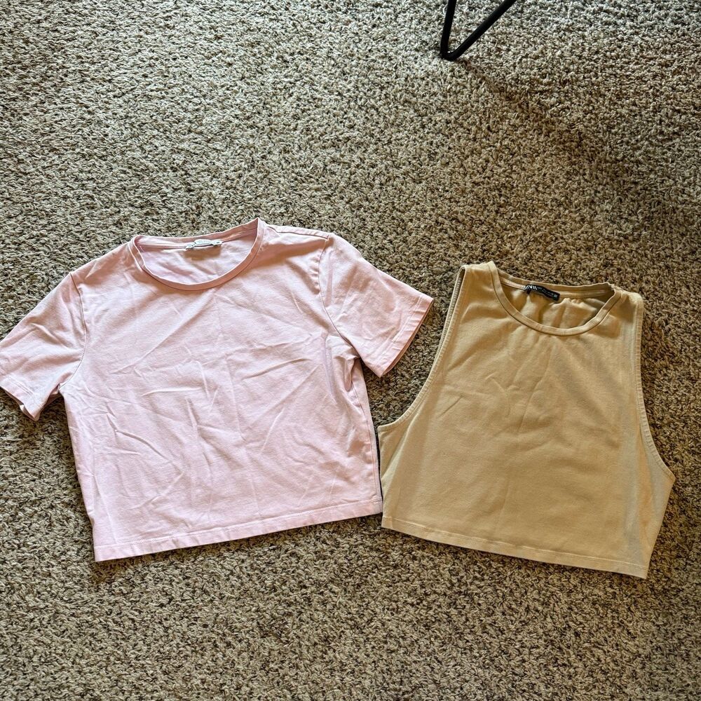 ZARA Crop Top Bundle – L | Soft Pink & Khaki (Used, Great Condition)